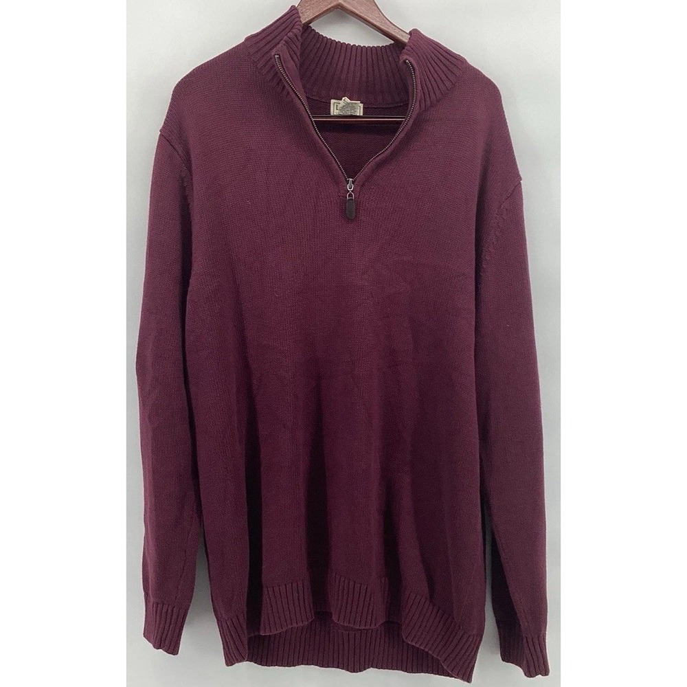 LL Bean Sweater Mens XL Burgundy Half Zip Mock Neck Pullover Cotton Ribbed Trim
